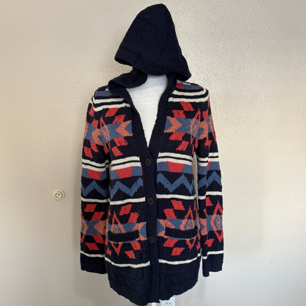 NWT Lucky Brand Hooded Knit Cardigan Sweater Boho Aztec Southwestern Blue Coral